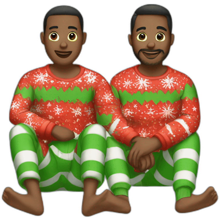 gay couple sitting in christmas pajamas emoji