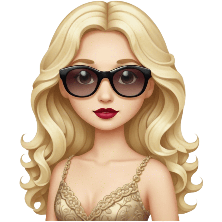 a pale blonde girl with elaborate makeup and dress, long wavy hair, wearing sunglasses, confident emoji