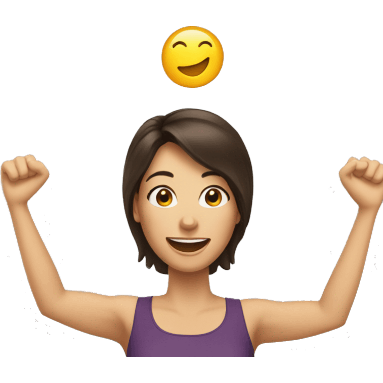 excited woman with dark brown hair with arms raised above head emoji