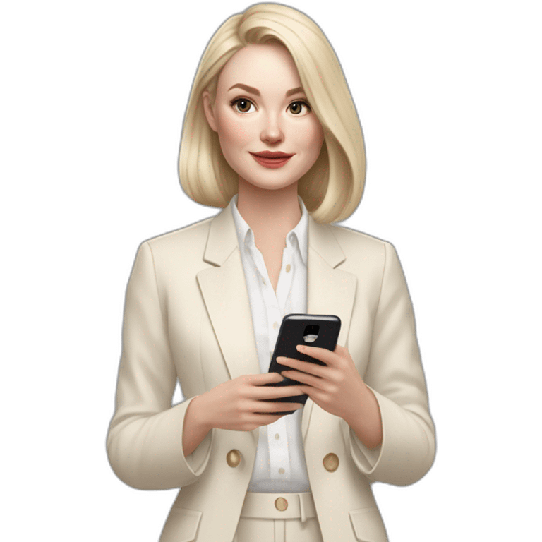 pale skin woman with ash blonde Straightened bob Hair, White Spacious classical jacket, beige palazzo Arrow pants and gray blouse holding white IPhone 14 pro in the hands emoji