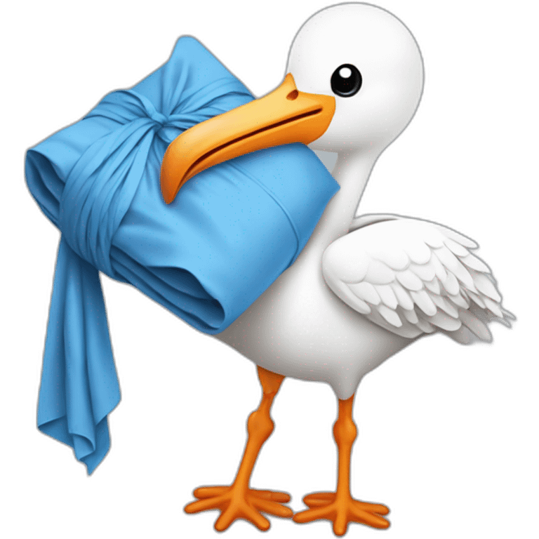 White stork carrying a blue bundle of cloth in its beak that has a human baby with and the human baby head is peeking from the fabric bundle the strok is carrying with its beak emoji