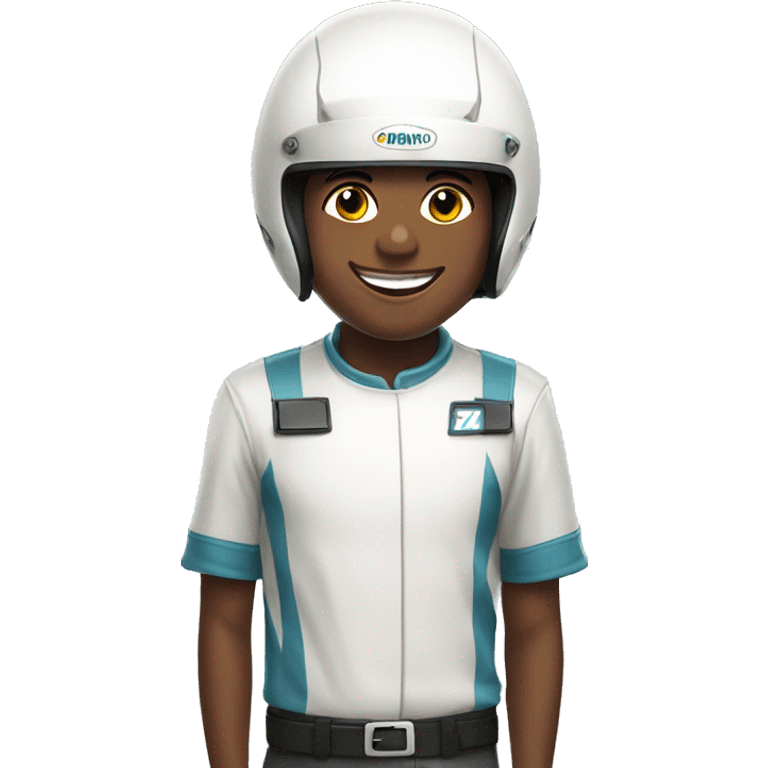 smiling boy in white shirt in a racing helmet emoji