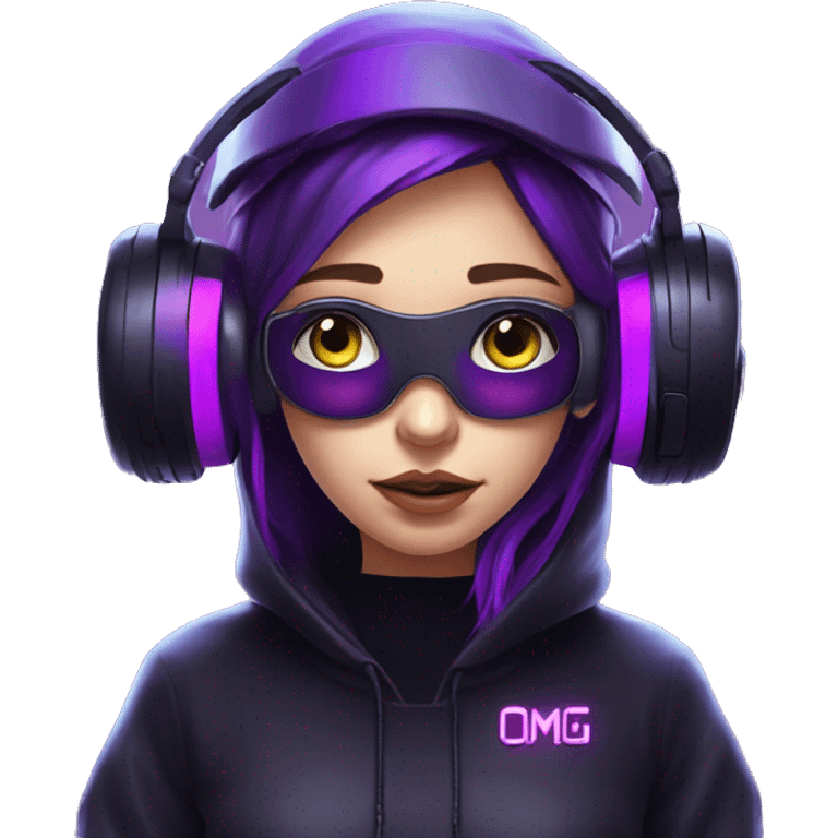 Russian girl wearing black hoody with violet letters "OMG", in vr headset. Cyberpunk style. Violet neon. emoji