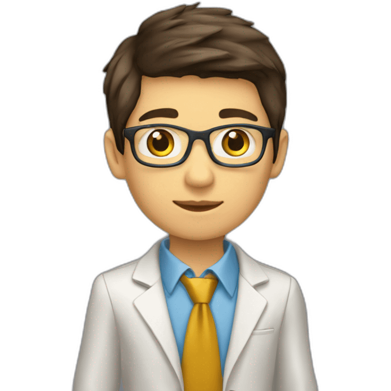 Classy programmer, 13 years old, coat, formal outfit, pc in hands, brunette boy, uses pc stays on pc emoji