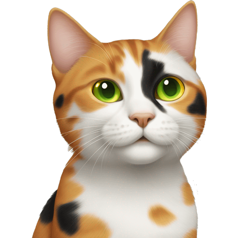 a cat with orange black and white spots with green eyes and a orange cat with yellow eyes playing with each other  emoji