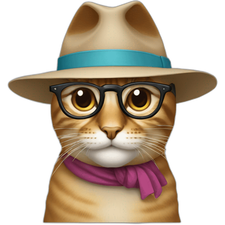 Un chat avec des lunettes et un chapeau emoji