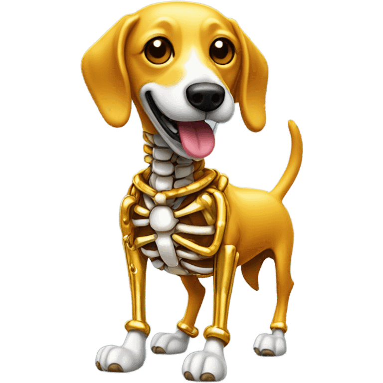 Skellington made out of chrome with the golden smile holding a wiener dog dressed up as a hotdog emoji