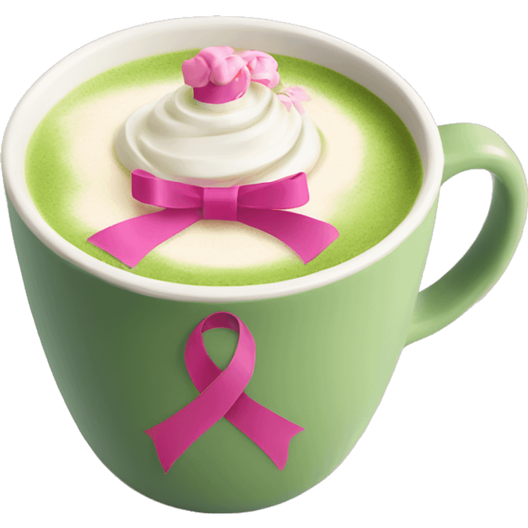 Matcha latte in a mug decorated with painted pink ribbons coquette emoji