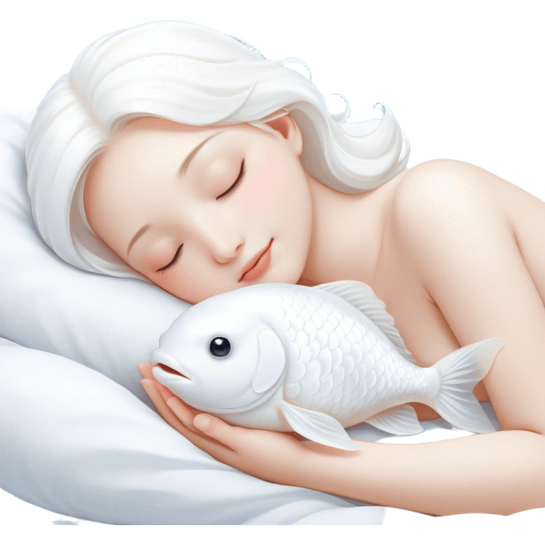 Meme-Worthy Cute Sleeping White Goldfish Portrait Emoji, Head resting peacefully with a contented smile, showcasing a streamlined, graceful body and a luxuriously soft pure white hue, eyes closed in a serene, floating nap, Simplified yet hilariously adorable features, highly detailed, glowing with a soft, drowsy light, high shine, relaxed and utterly lovable, stylized with an air of playful laziness, bright and heartwarming, soft glowing outline, capturing the essence of a comically sleepy goldfish, so meme-worthy it feels like it could instantly become the next viral sensation of adorable slumber! emoji