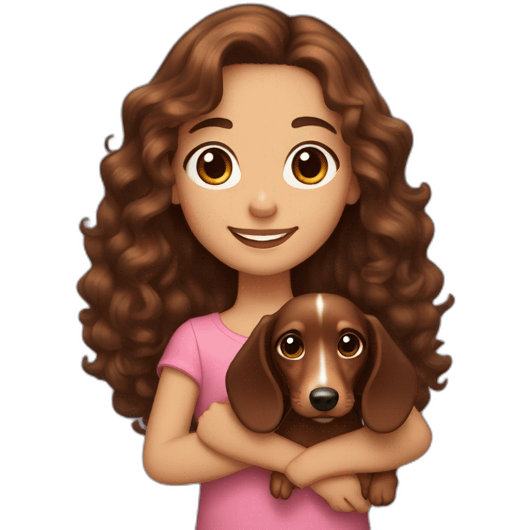 Girl long curly brown hair smiling and brown eyes with long eyelashes and holding a dachshund  in her arms emoji