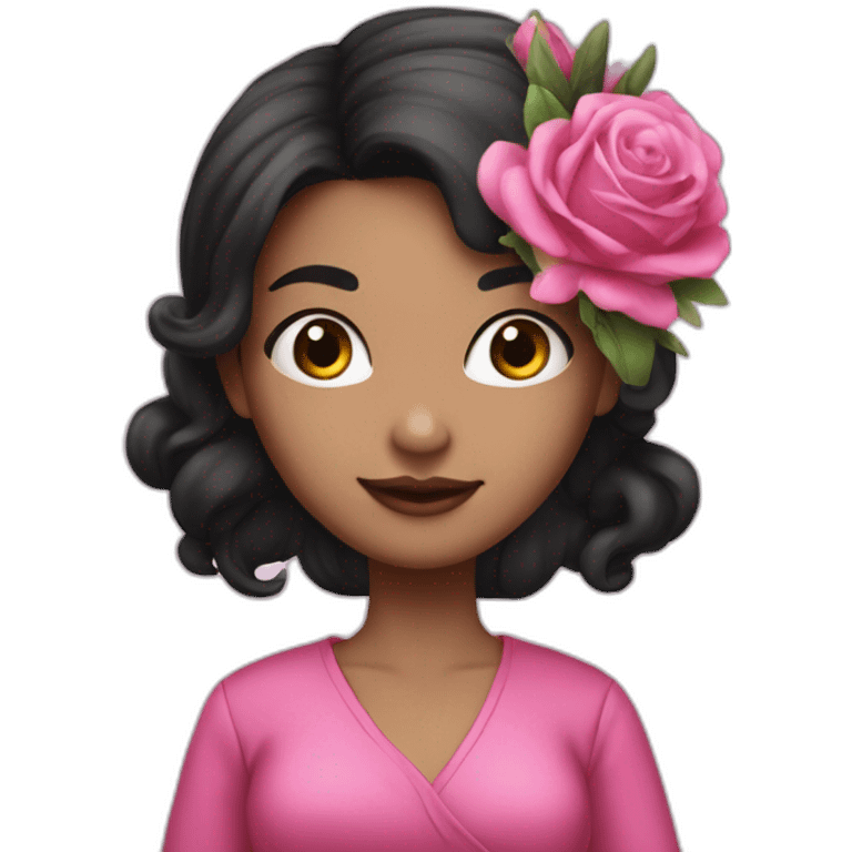 45 degree posting - white skin girl - black hair one bun - wearing crazy pink cloth -holding bouquet emoji