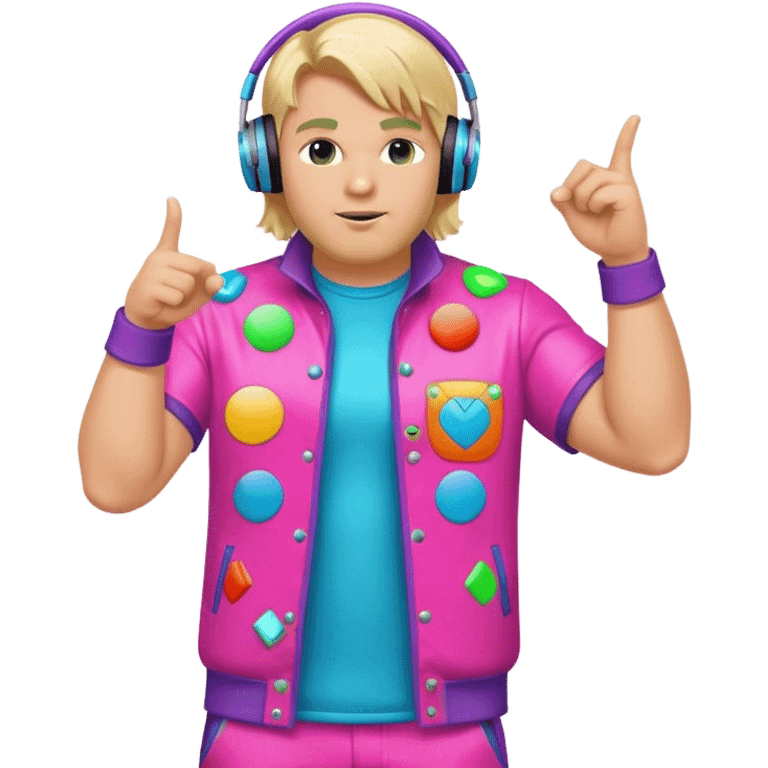 blond big man in colorful dj outfit pointing sideways emoji