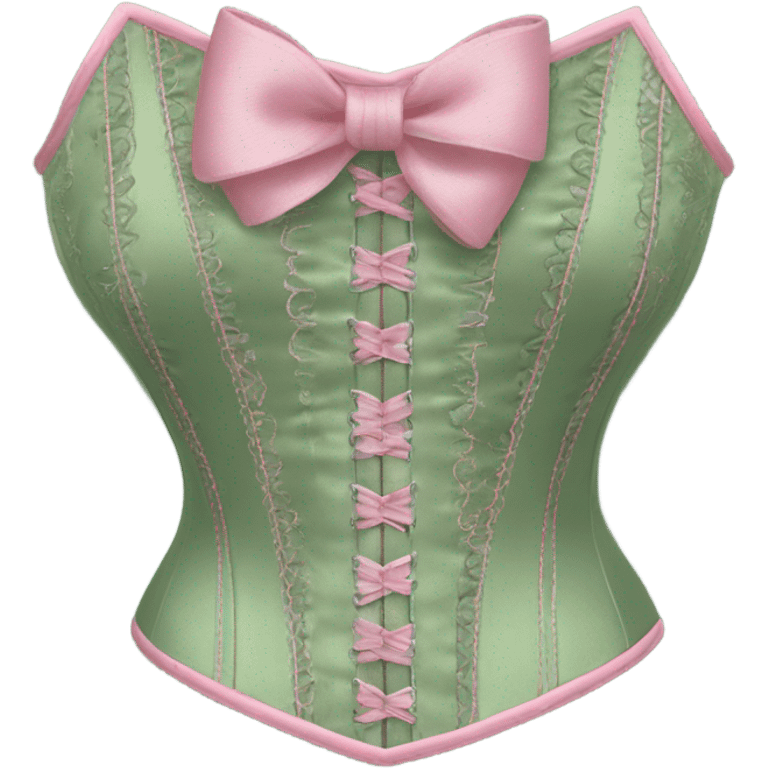 Sage green corset with flower embroidery and pink bows, isolated emoji