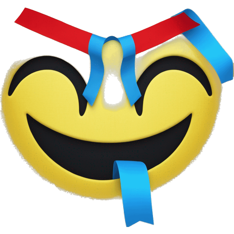 an upside down yellow smiley face with a red outline and a blue smile, the eyes are covered with blue tape emoji