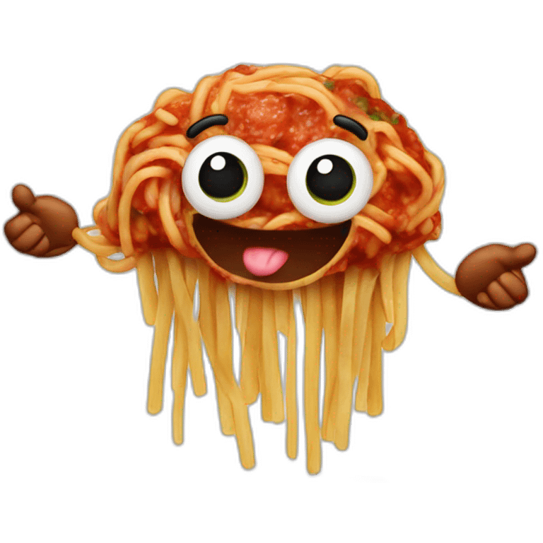 Spaghetti and meatballs with a face, arms and legs, doing something random emoji