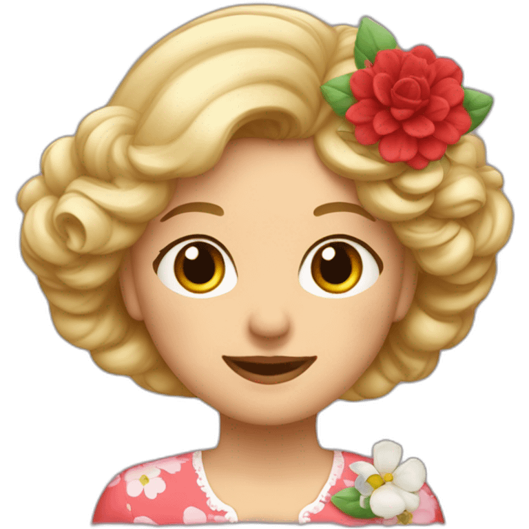 Une grand-mère avec des cheveux blonds et une chemise avec des fleurs avec des fleurs rouge emoji