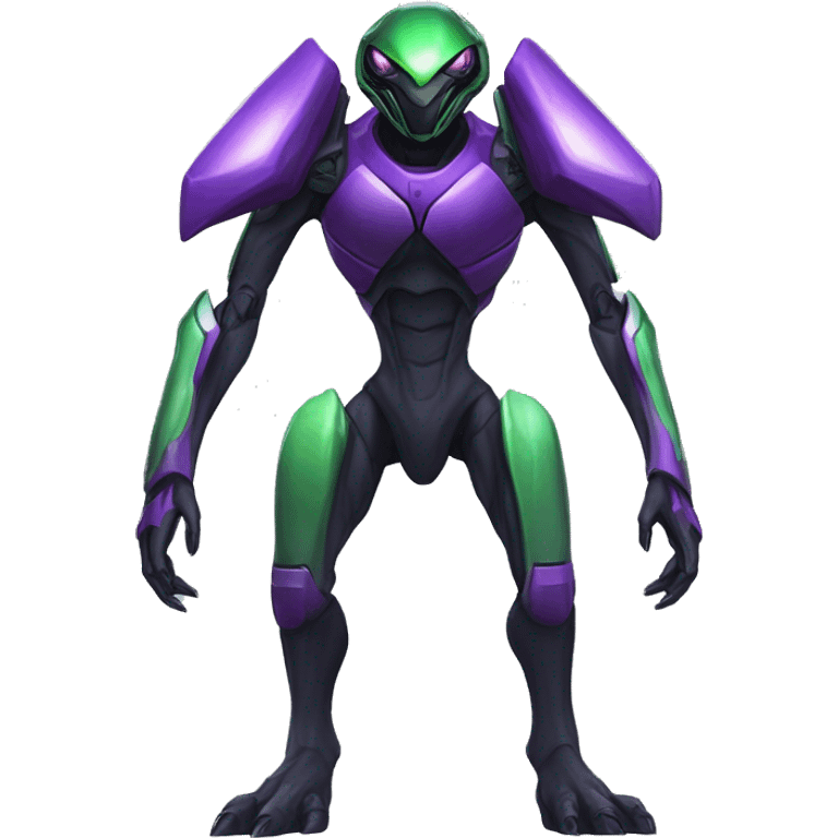 a shiny black-purple-green Genesect-Raptor-Fakémon—hybrid with a futuristic visor-helmet full body emoji