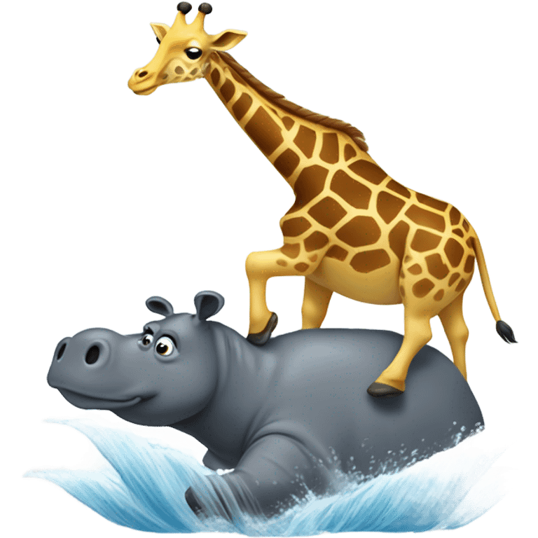 Giraffe riding hippo on a wave emoji