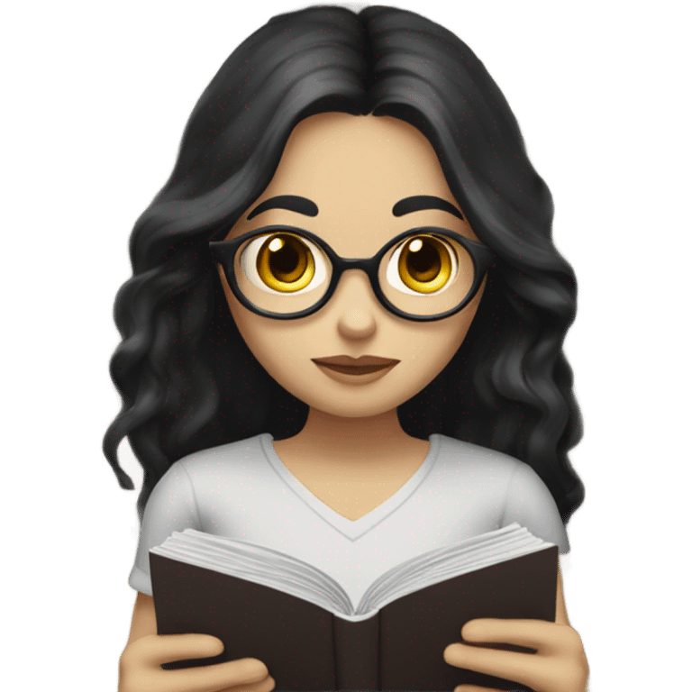 White skin with long dark hair, dark eyes, reading a book emoji