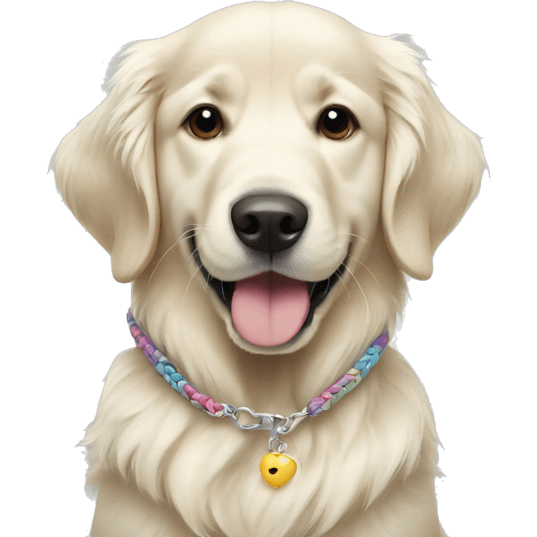 White golden retriever wearing a friendship bracelet emoji