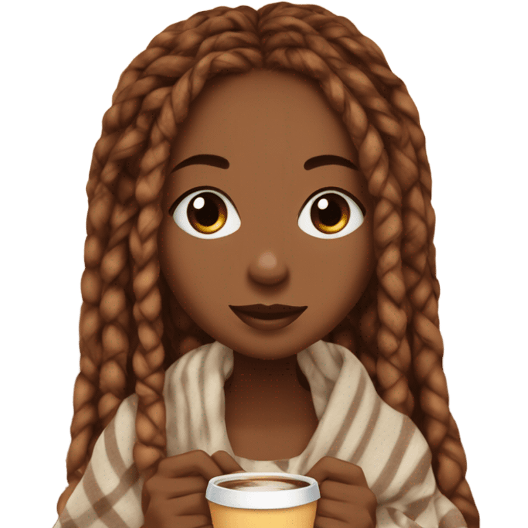 Box braids girl autumn with blanket and coffee emoji