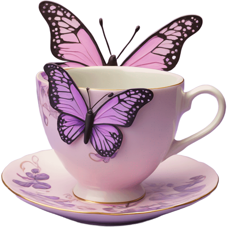 A delicate butterfly with pastel pink wings, resting on the edge of a purple porcelain teacup adorned with intricate violet floral patterns. emoji