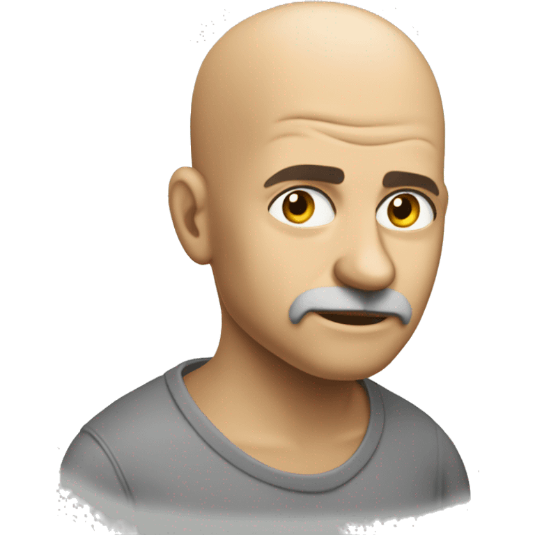 Create an image of a bald philosopher, looking thoughtful, serious and smiling  wearing a plain T-shirt.  emoji