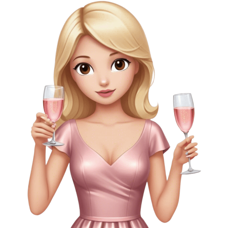 Pretty Blonde model, brown eyes, wearing a rose gold dress with short sleeves, raising a glass of pink champagne emoji