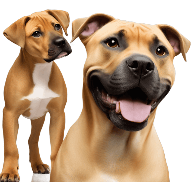 Black mouth cur puppy next to black and white smiling pit bull emoji