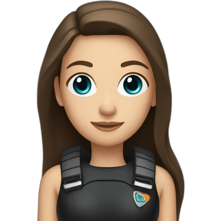 a woman with an a black scubadiver suit. she has blue eyes, brown long and straight hair emoji