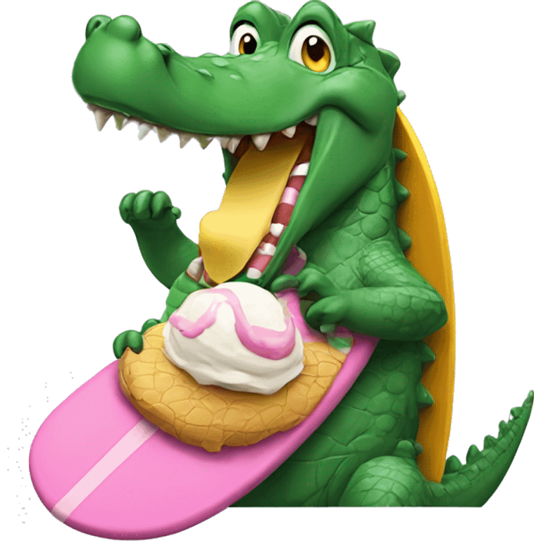 Crocodile riding a surfboard eating ice cream emoji