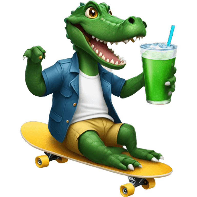 alligator riding skateboard while holding a drink emoji