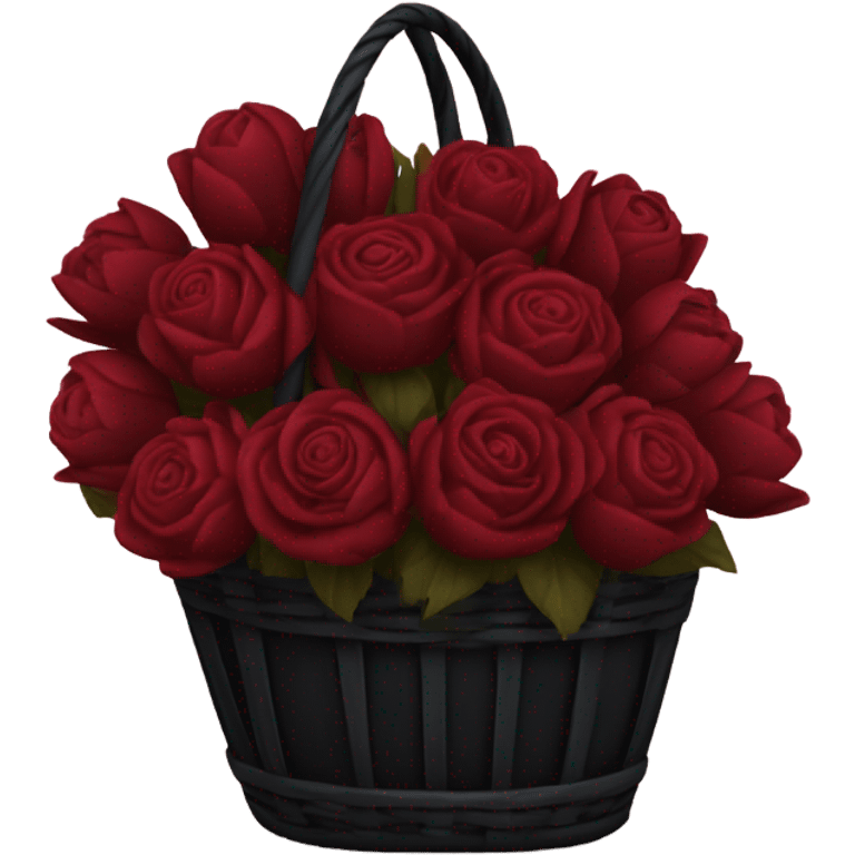 a large black basket of flowers consisting of dark red roses, peonies in shades of burgundy and tulips in shades of red emoji