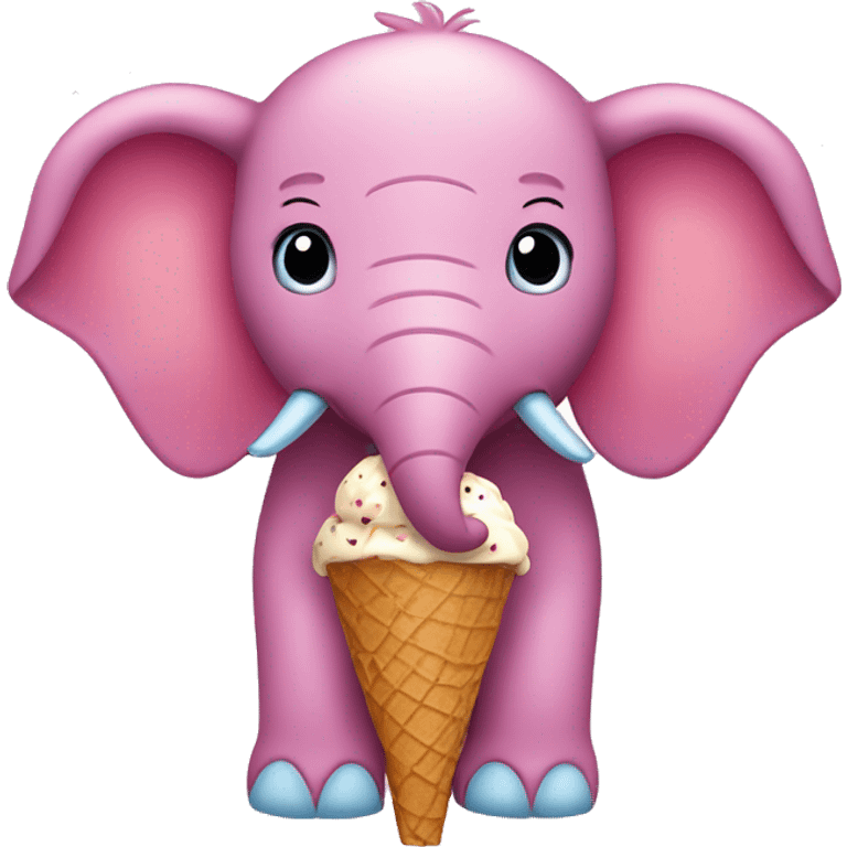 Pink elephant with blue polkadots, eating an ice cream cone with chocolate, vanilla, and strawberry emoji