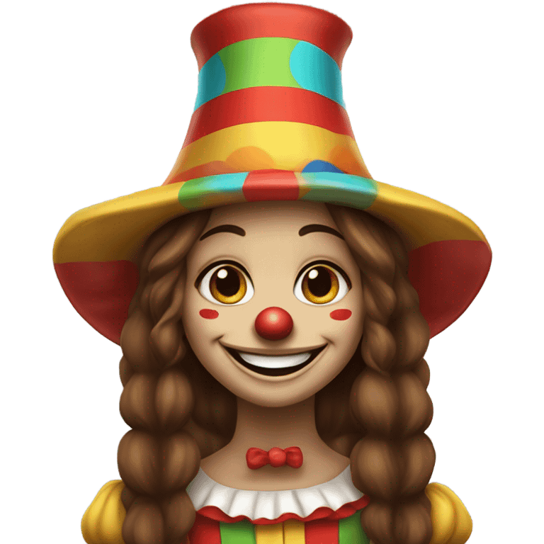 smiling clown girl with clown face paint wearing jester hat with straight long brown hair with a big smile  emoji