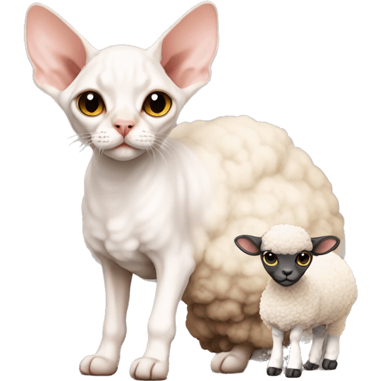 Cute Devon Rex sitting next to a sheep whole body emoji