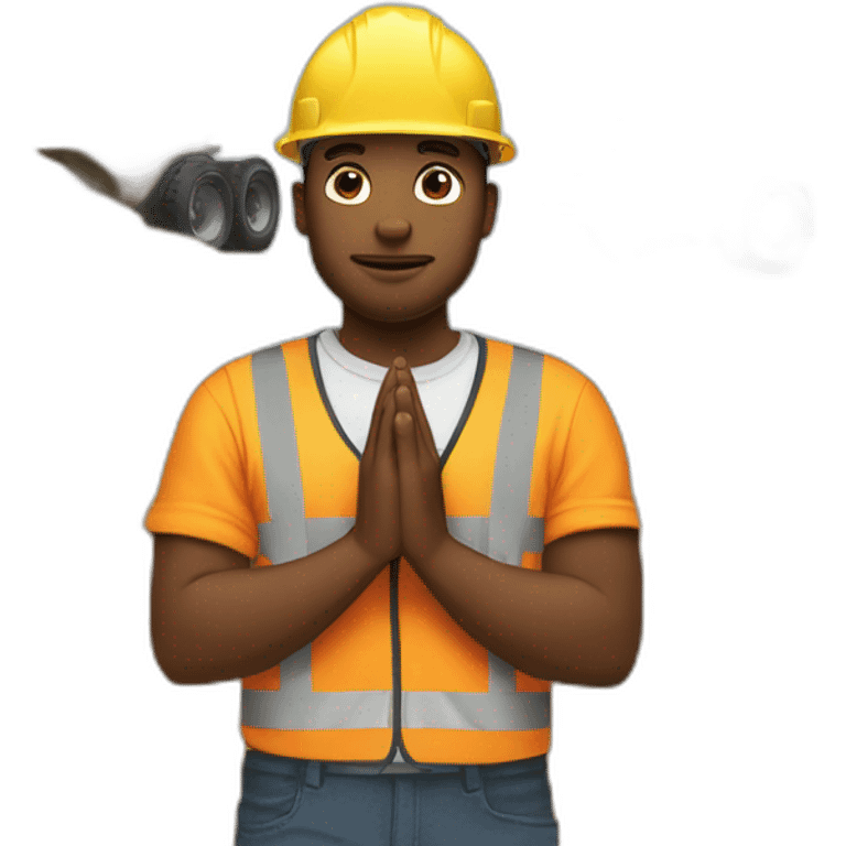 construction worker with hands in prayer standing in front of a DUMP TRUCK emoji