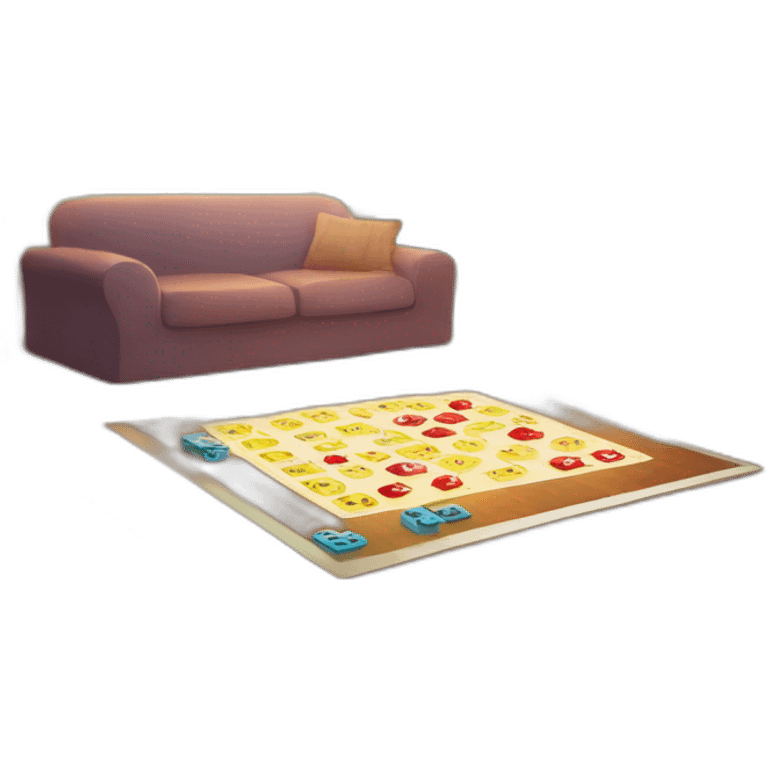 Illustrate a large, shiny die mid-roll, with numbers glowing as if with internal light, set on a game board in a cozy family room, adding a sense of excitement  emoji