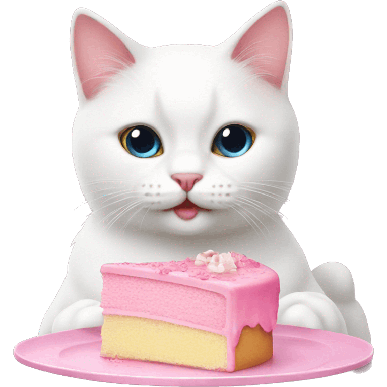 White cat eat pink cake emoji