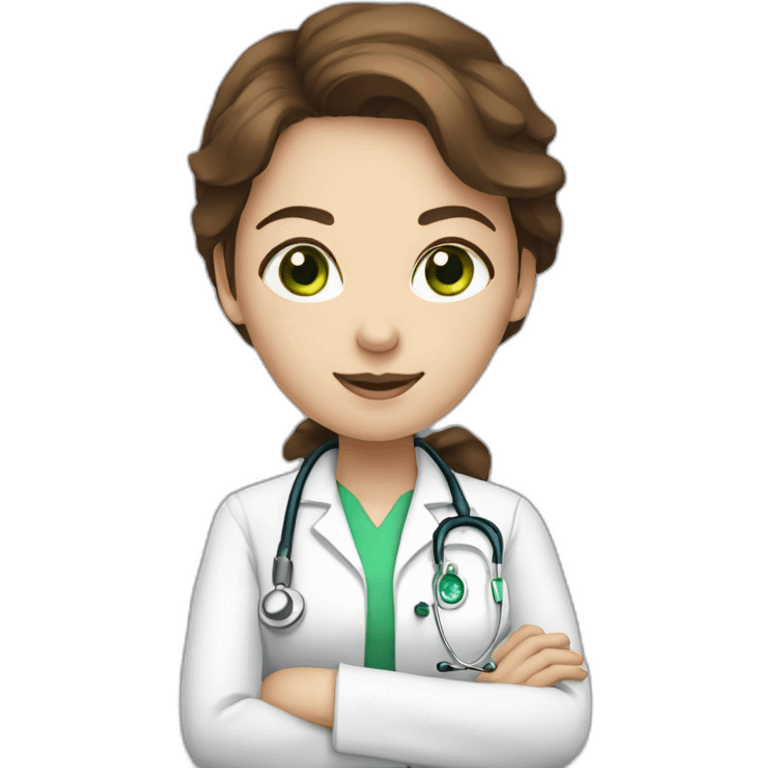 Doctor woman with brown hair, white skin and green eyes emoji