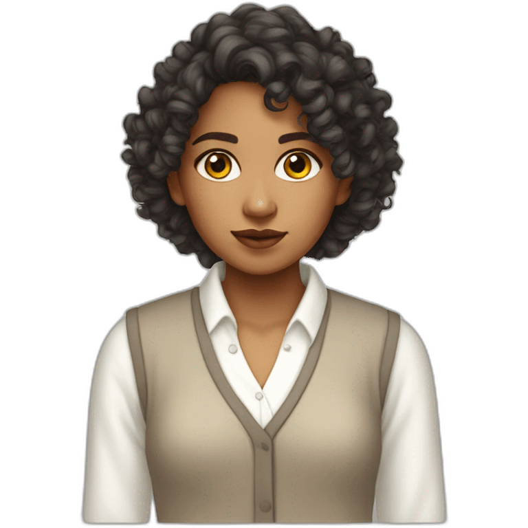 curly hair indian girl wearing a collared long sleeve white shirt under a white sweatervest emoji