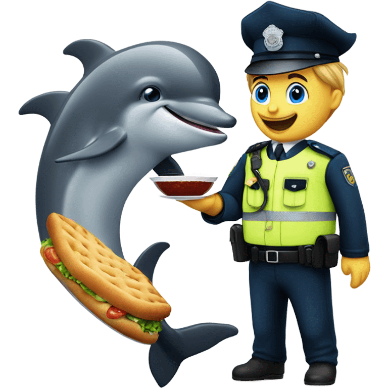 a dolphin who is both german and a police officer eating a schnitzel  emoji