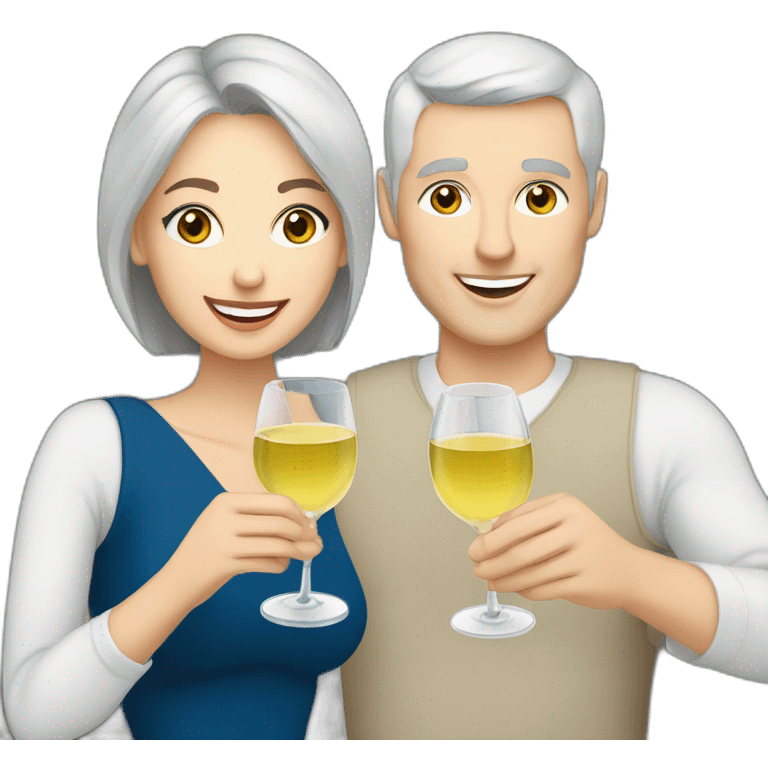 caucasian woman with brown eyes and blond short hair and a caucasian man with blue eyes and grey hair, toasting with a glass of white wine emoji