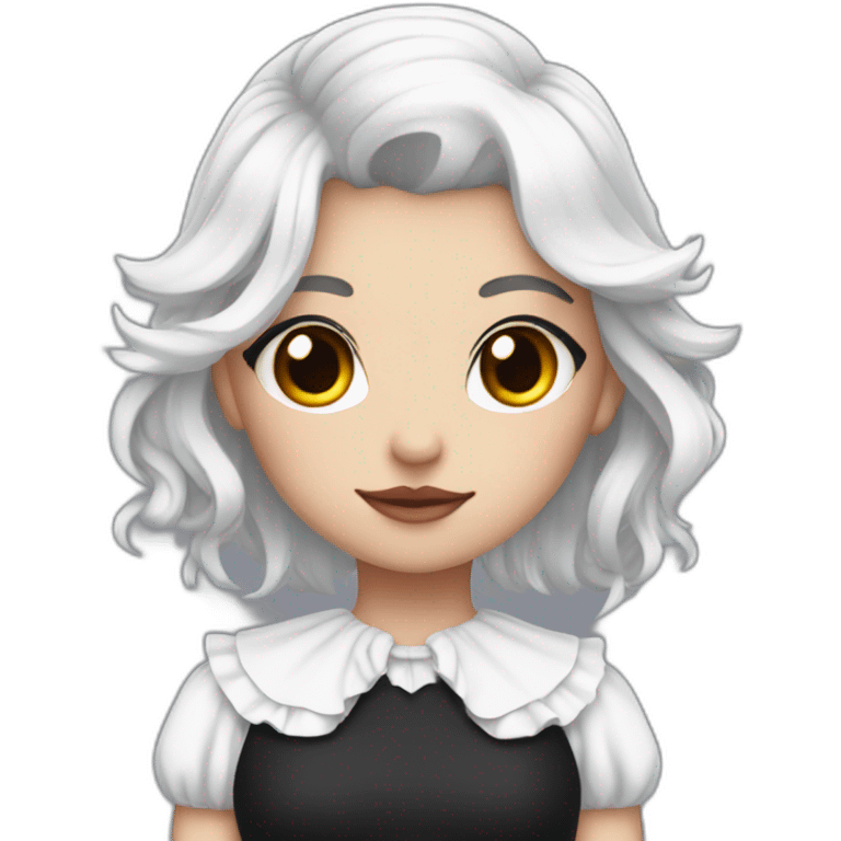 a girl with white hair that is in a undercut and she has red eyes and black angel wings and she has a maid dress on emoji