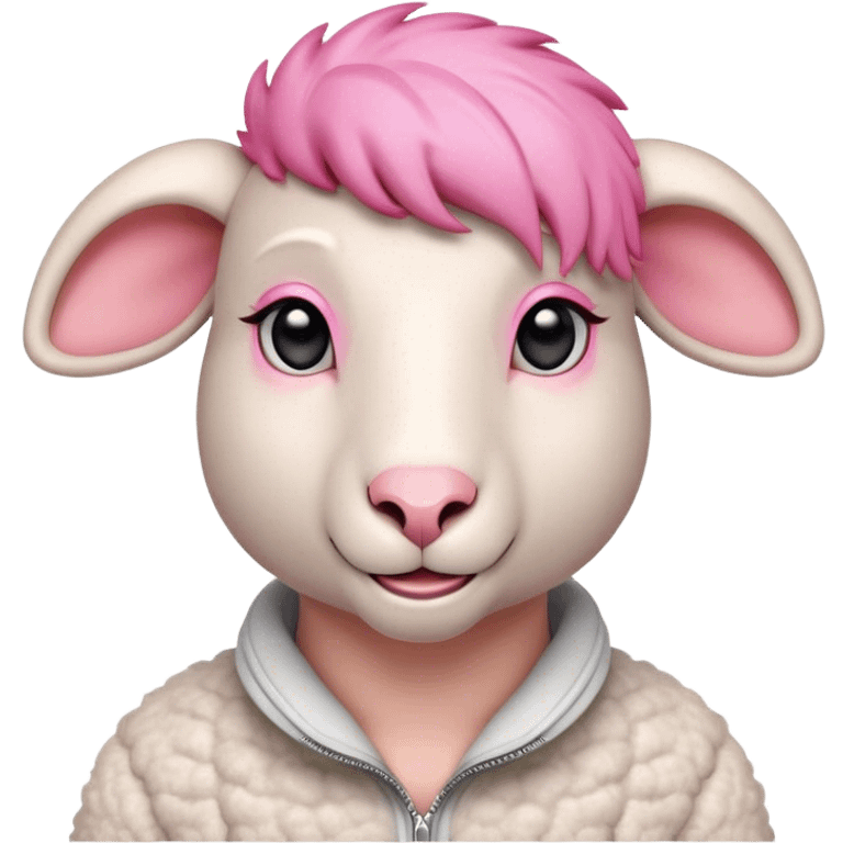 Minimalist sheep character with a sleek high-tech earpiece, trendy pink asymmetrical wool haircut with undercut, and a confident smirk that screams fashion trendsetter. emoji