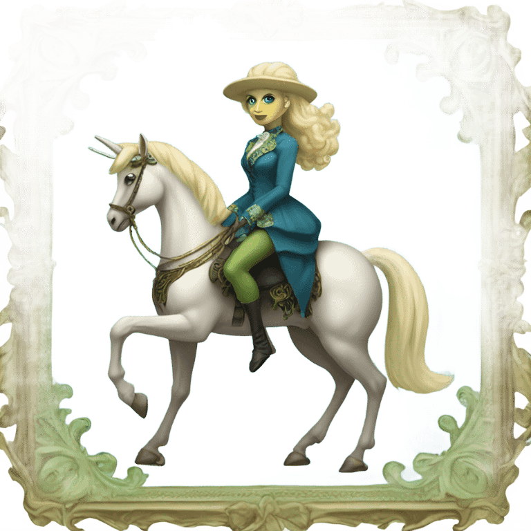 "galora green blonde alien woman" in blue Victorian dress elegant, full body, on brown and white unicorn emoji