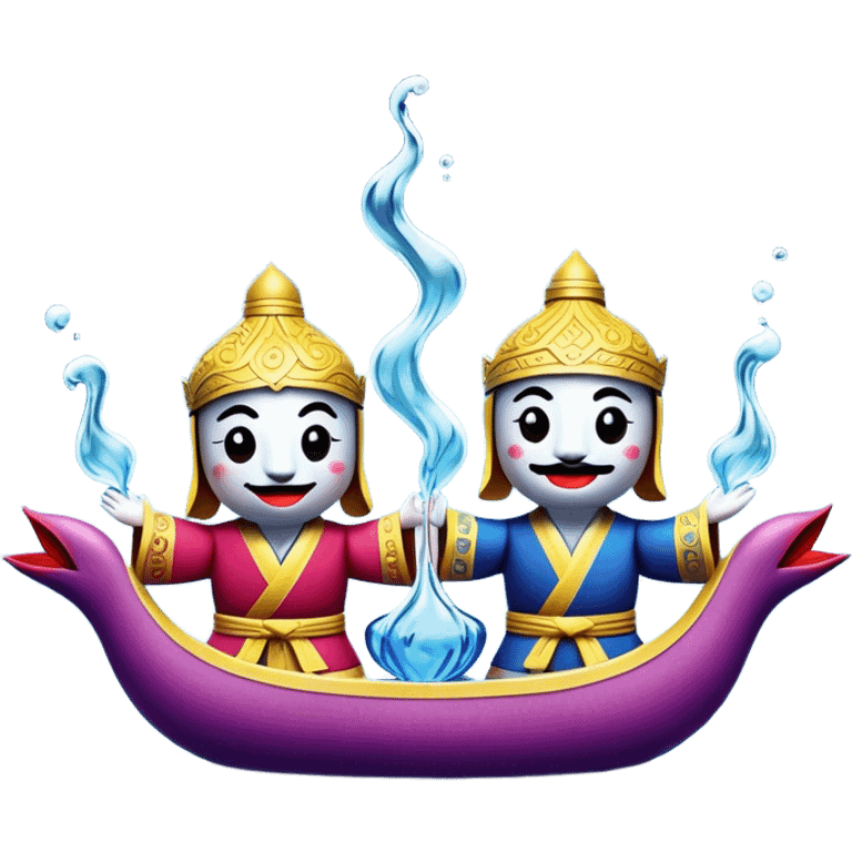 Cinematic Realistic Water Puppetry Emoji, depicted as a whimsical scene of traditional water puppets performing on a reflective water stage, rendered with vivid textures and dynamic playful lighting that captures its enchanting charm. emoji