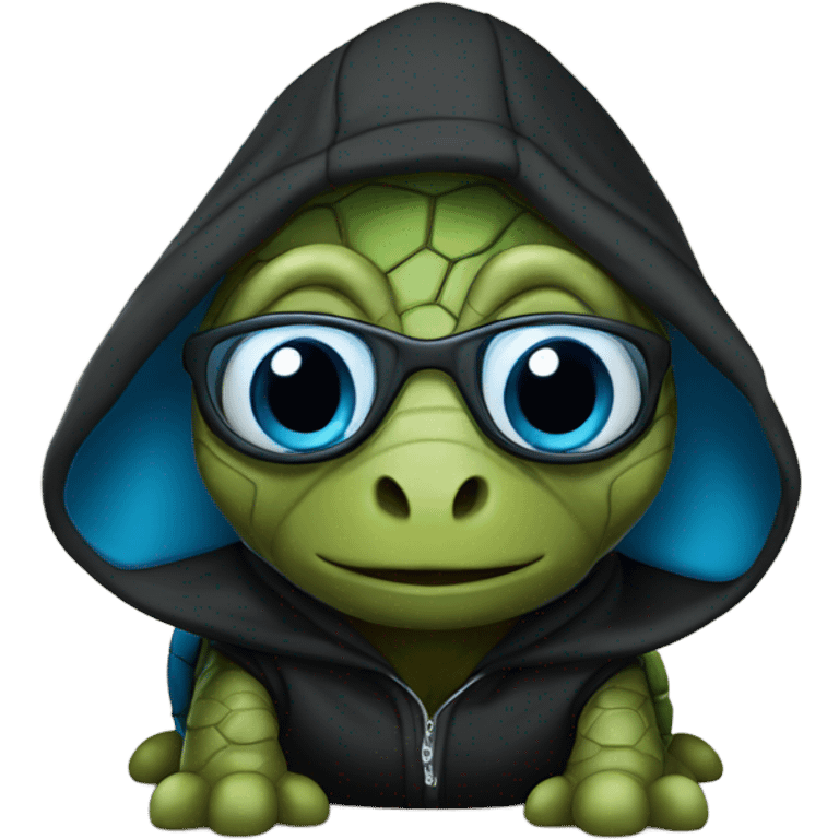 Turtle with blue eyes wearing black hooded sweatshirt  emoji