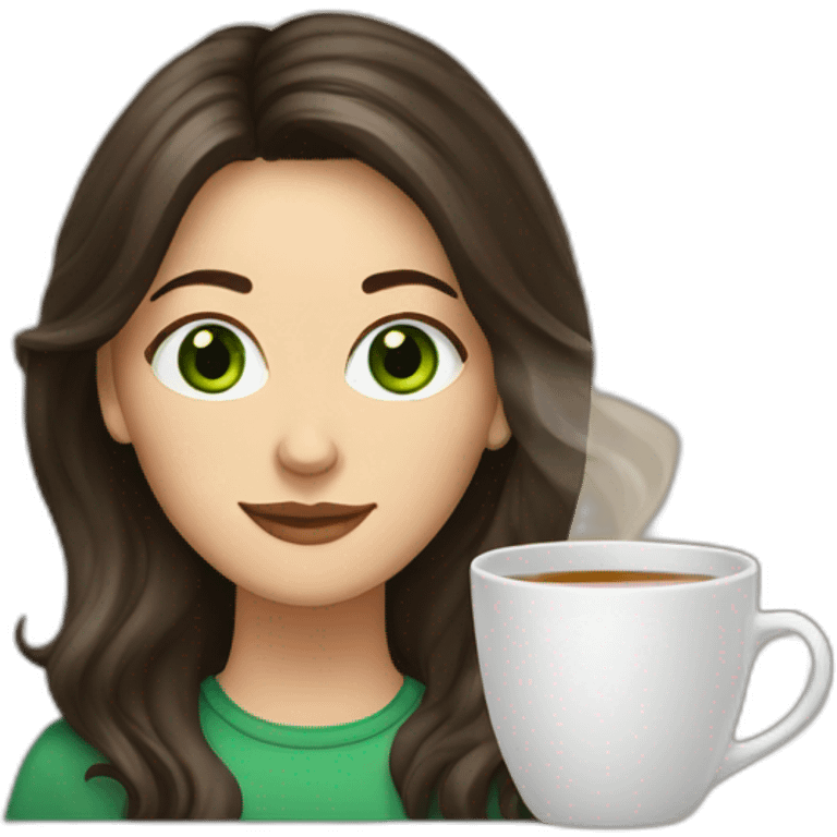 White woman with long dark brown hair with highlights, green eyes and a big mug of tea emoji