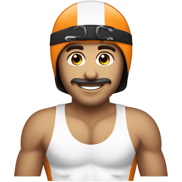 Uomo con costume da gara jammer, occhialini e cuffia da nuoto emoji